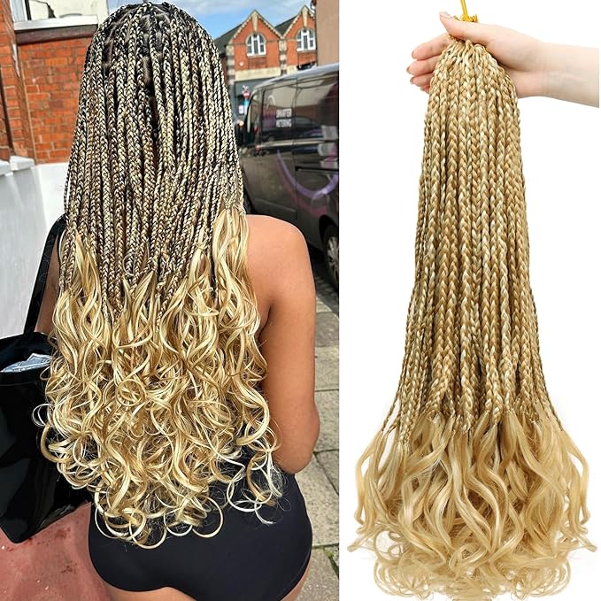 French Curl Crochet Braids 22 Inch 8 Packs Goddess Box Braids Crochet Hair for Women Pre Looped Crochet Box Braid with Curly Ends Synthetic French Curly Braiding Hair Extensions (P27/613)