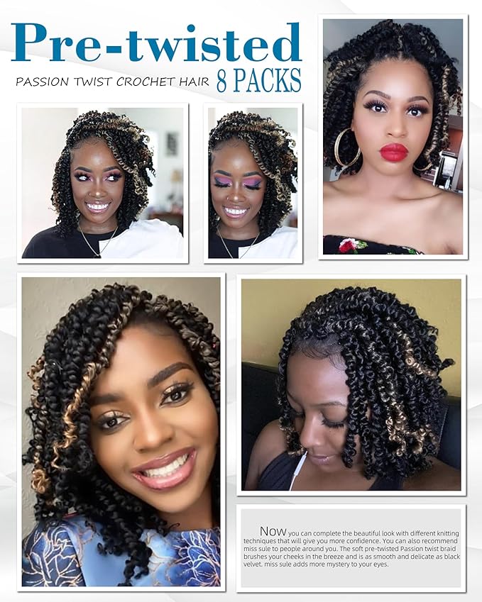 10 Inches 8 Packs Passion Twist Crochet Hair-Mixed Color Combo Pack(6 packs 1B+2 pack T1B/27),Pre Looped Pretwisted Hair Braided by Spring Kinky Twist Bohemian Curls(10 Inch(Pack of 8), 1B+T27)