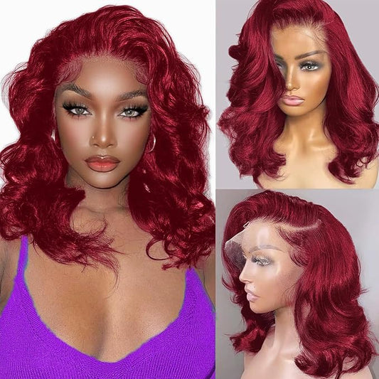 99j Burgundy Lace Front Wigs Human Hair 13x4 Bob Wig Human Hair Pre Plucked 200 Density HD Transparent Body Wave Lace Front Wigs Human Hair Red Colored Short Bob Wig for Women with Baby Hair 12inch