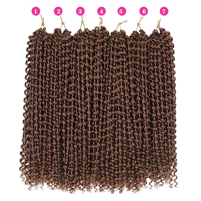 14 Inch Passion Twist Hair, Brown Water Wave Crochet Hair 22 Strands/Pack Passion Twist Crochet Hair For Women Short Passion Twists Braiding Hair Curly Braiding Hair (14 Inch (Pack of 7), #30)