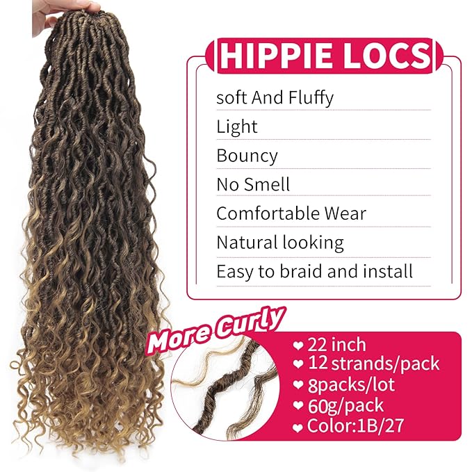 8Packs Goddess Locs Crochet Hair 22Inch Crochet Locs,Boho Faux Locs With Curly Ends River Hippie Locs Bohemian Locs Crochet Hair for Black Women(1B/27, 22inch(Pack of 8))