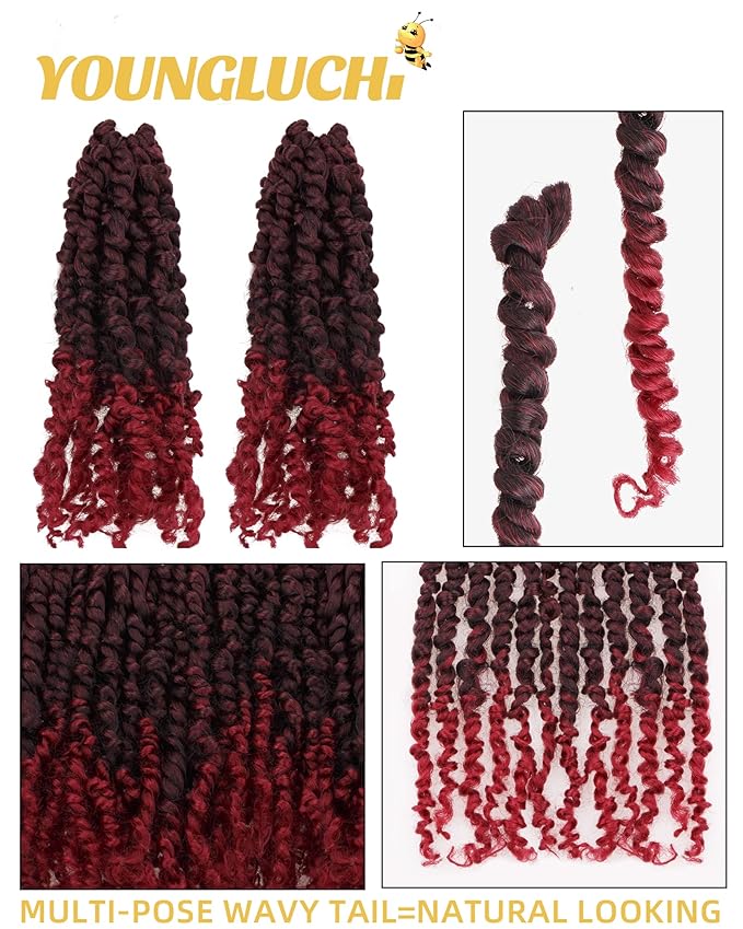 Pre-Twisted Passion Twist Crochet Hair for Black Women Passion Twist Hair Pre Looped Bohemian Braids 10 Inch 2 Packs Ombre Burgundy Short Bob Curly Braiding Hair Extensions(10"-2P,T1B/BUG)