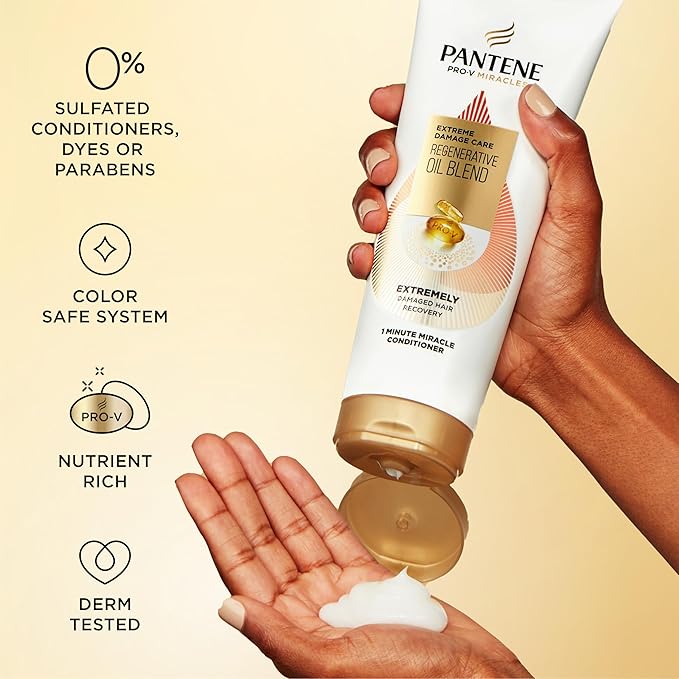 Pantene Pro-V Miracles Conditioner, Extreme Damage Care Regenerative Oil Blend 1 Minute Miracle, Moisturizes, Smooths, Argan & Jojoba Oils, 0% Sulfated Conditioners, Dyes, or Parabens, 10.9 Fl Oz