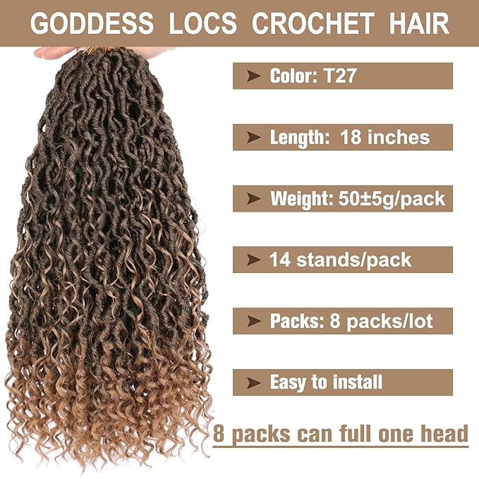 COOKOO 8 Packs Goddess Locs Crochet Hair 18 Inch 14 Strands/PCS Bohemian Faux Locs Crochet Hair with Curls at the Ends Curly Locs Hair Pre Looped Crochet Braids Synthetic Hippie Locs Hair T27