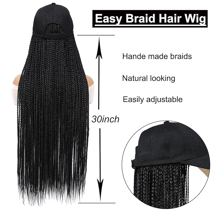 Braided Baseball Cap Wig Box Braid Hair Extensions with Hat Natural Black Color Cap Wig with 30inch Long Synthetic Braiding Hair for Women (30in-natural black)
