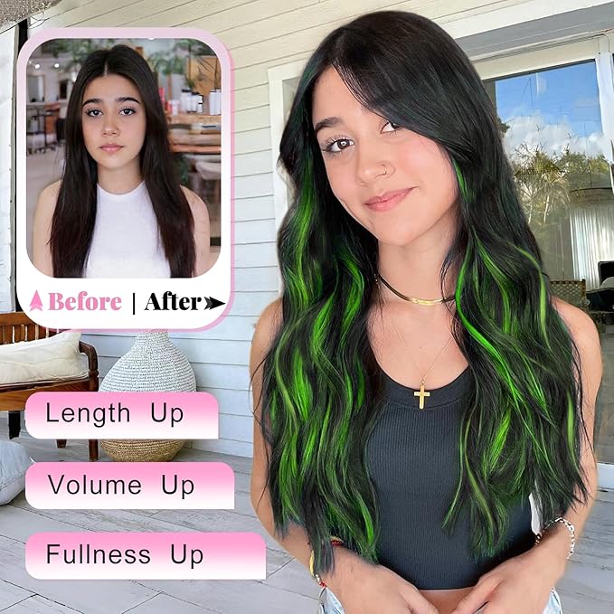 ALXNAN Clip in Long Wavy Synthetic Hair Extension 20 Inch Black Mix Green Highlights 4PCS Thick Hairpieces Fiber Double Weft Hair for Women