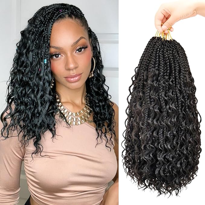Eacia Goddess Box Braids Crochet Hair 14 Inch 7 Packs Pre looped Boho Braids Crochet Hair Bohemian Box Braid with Curly Ends for Women(14 Inch, 1B#)