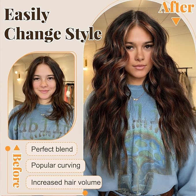 ALXNAN Clip in Long Wavy Synthetic Hair Extension 24 Inch Dark Brown with Reddish Brown Highlights 4PCS Thick Hairpieces Fiber Double Weft Hair for Women