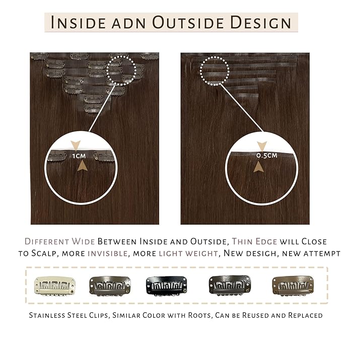 Caliee Seamless Hair Extensions Clip in Human Hair 110G Clip on for Fine Hair Real Hair Extensions 7Pcs Full Head Virgin Hair Chocolate Brown Color Invisible PU Skin Weft Clip in Remy Human Hair Extensions for Women 22Inch