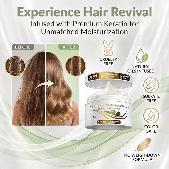 VITAMINS hair cosmetics Keratin Hair Mask - Protein Repair Keratin Treatment - Deep Conditioner for Dry, Damaged, Curly, Straight & Frizzy Hair with Biotin, Collagen & Castor Oil - 8.5 Fl Oz