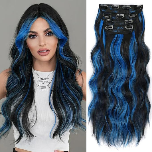 ALXNAN Clip in Long Wavy Synthetic Hair Extension 20 Inch Black Mix Blue Highlights 4PCS Thick Hairpieces Fiber Double Weft Hair for Women