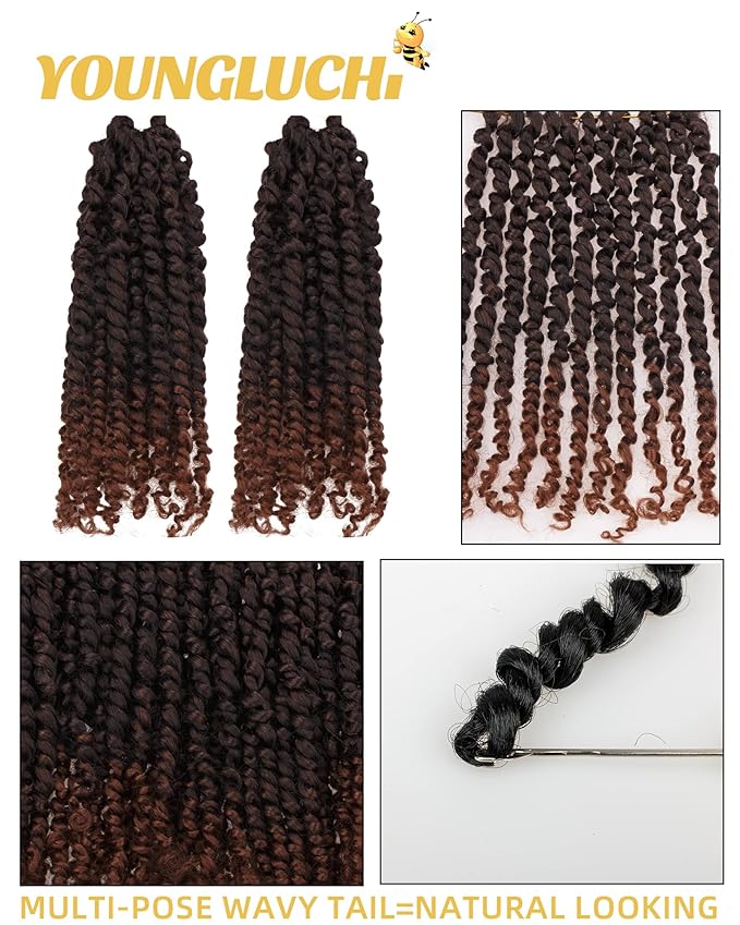 Pre-Twisted Passion Twist Crochet Hair for Black Women Passion Twist Hair Pre Looped Bohemian Braids 10 Inch 2 Packs Ombre Black to Brown Short Bob Curly Braiding Hair Extensions(10"-2P,T1B/30)