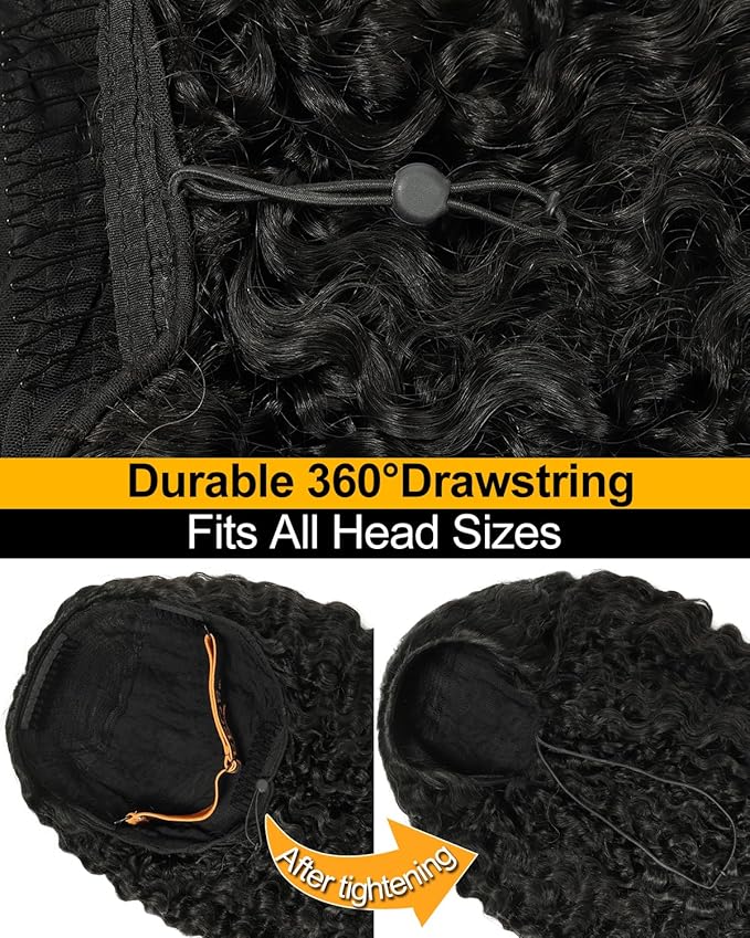 BEEOS Half Wig Human Hair Burmese Curly, 180% Density Glueless Drawstring Spiral Ends Wigs for Women, Invisible Track Natural Hairline 24 Inch