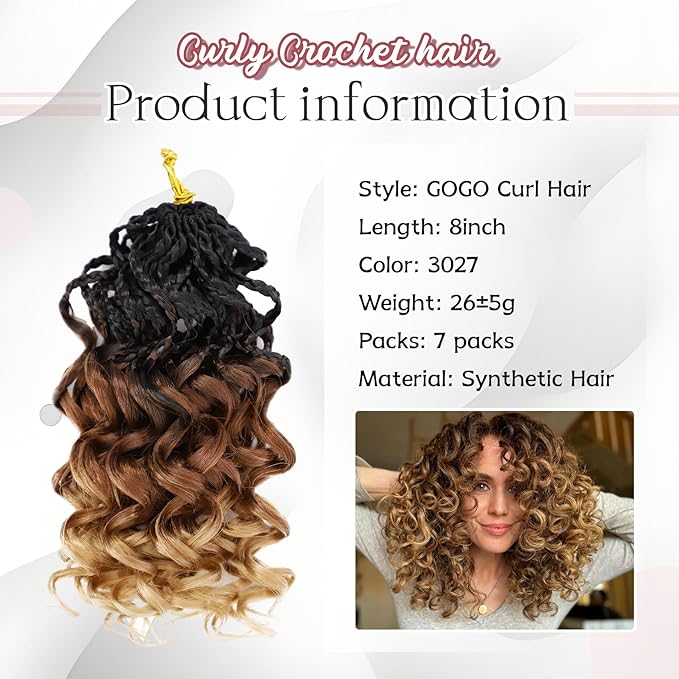 7 Packs Gogo Curl Crochet Hair for Women 8 Inch Pre-Twisted Curly Crochet Hair Pre Looped Deep Ocean Water Wave Beach Curl Crochet Braids Synthetic Braiding Hair Extensions (8 Inch, 1B/30/27)