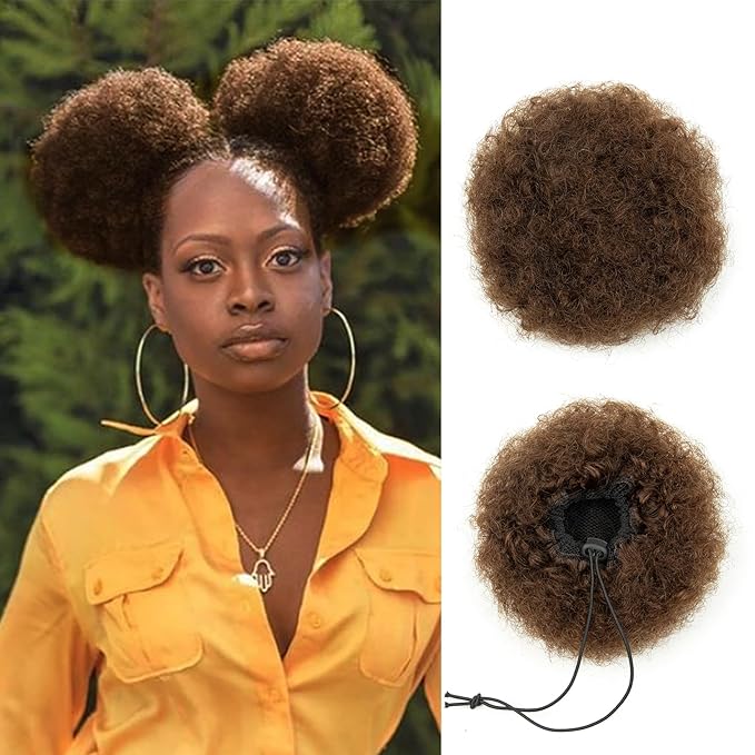 Human Hair Afro Puff Natural Real Ponytail Extension for Black Girls Women Short Kinky Curly Drawstring 4c Ponytail African American Cheer Fake Space Bun Medium Brown 6 Inch 40g