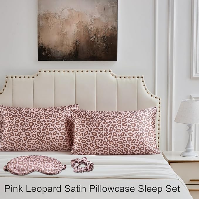 Satin Pillowcase for Hair and Skin, Soft and Cooling Vegan Silk Sleep Set-2 Satin Pillow Cases Queen Size, 1 Eye Mask, 1 Scrunchie, Self Care Essential Night Routine Kit, Pink Leopard