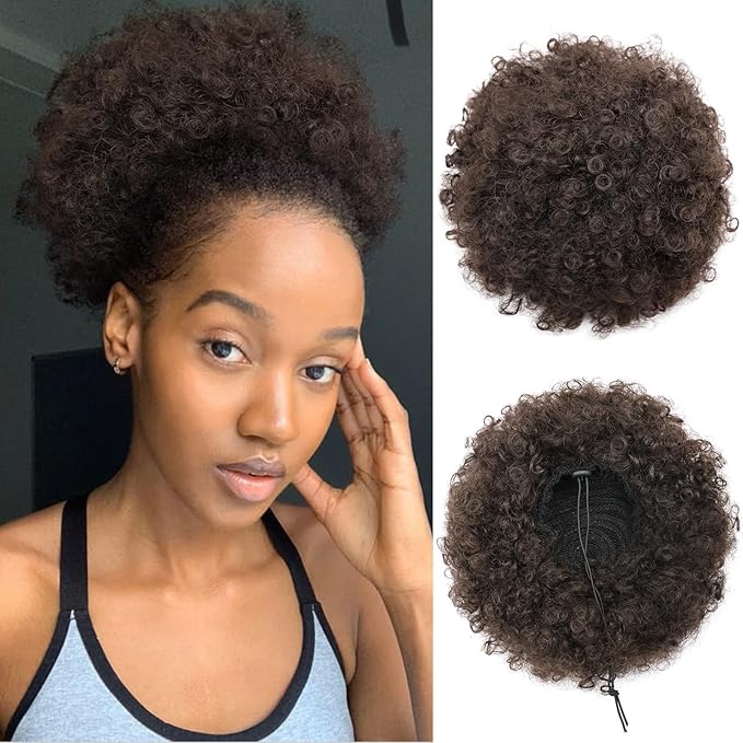 AISI QUEENS Synthetic Afro Puffs Drawstring Ponytail Medium Brown Bun Hairpieces Updo Hair Puff Clip On Short Kinky Curly Hair Large Size(4#)