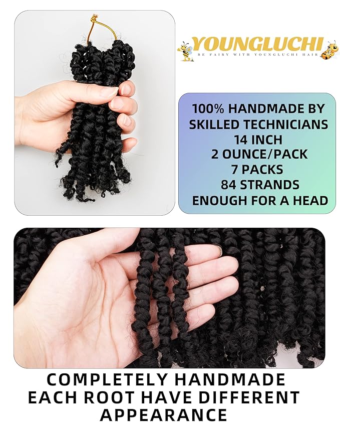 Pre-twisted Passion Twist Crochet Hair for Black Women 14 Inch 7 Packs Passion Twist Hair,Pre-looped Crochet Hair,Synthetic Spring Kinky Twist Braiding Hair Extensions (14"-7P,1B)