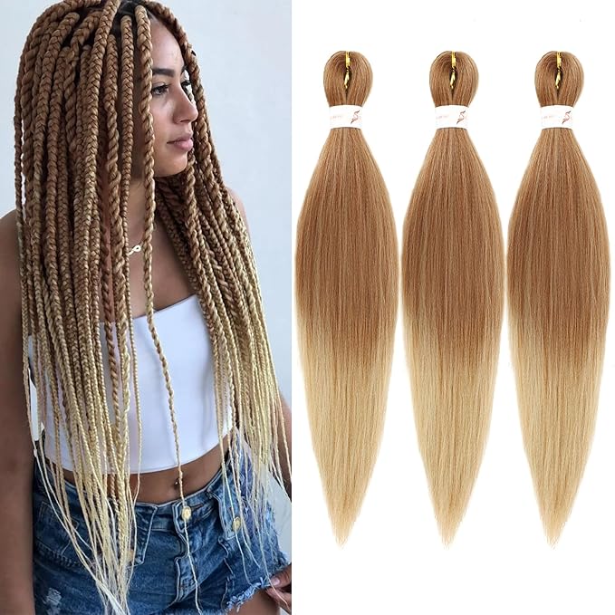 Dorsanee Ombre Light Brown Braiding Hair Pre Stretched 24 Inch 3 Packs Braiding Hair Extensions for Box Braids Twists Locs Soft Yaki Texture Hot Water Setting (#Ombre Light Brown)
