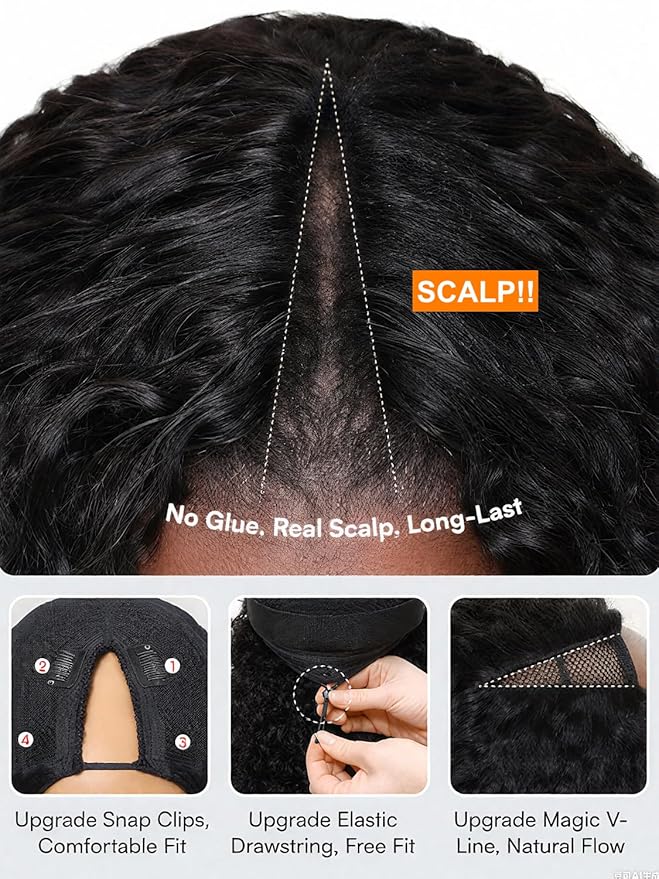 Julia Hair EasiContour 12A V Part Jerry Curly Glueless Wigs Human Hair Clip in Half Wig No Leave Out Vpart Wig Upgrade U Part Human Hair Wigs for Women No Glue Beginner Friendly Natural Color 20 Inch