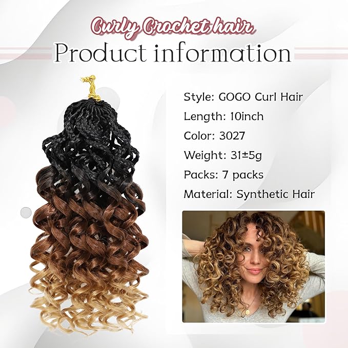 7 Packs Gogo Curl Crochet Hair for Women 10 Inch Pre-Twisted Curly Crochet Hair Pre Looped Deep Ocean Water Wave Beach Curl Crochet Braids Synthetic Braiding Hair Extensions (10 Inch, 1B/30/27)