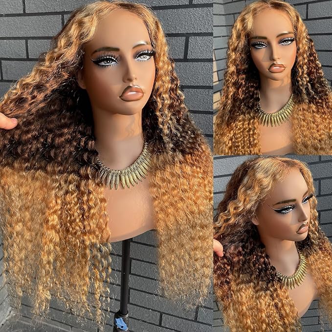 MEGOOD 250% Density 13x6 Highlight Ombre Lace Front Wig Human Hair 13x6 HD Honey Blonde 4/27 Curly Wig Human Hair Pre Plucked For Black Woman Deep Wave Lace Front Wigs Human Hair Colored Wigs 30Inch