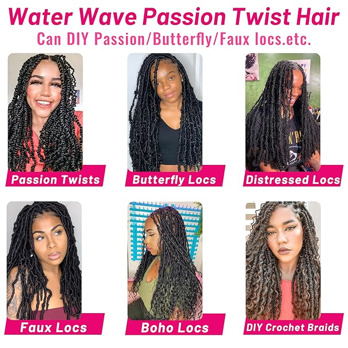 Dorsanee Passion Twist Hair 18 Inch 7 Packs Water Wave Crochet Hair Long Bohemian Curly Braiding Hair for Butterfly Locs, Faux Locs, Boho Style Spring Twist Crochet Braids (1B#)