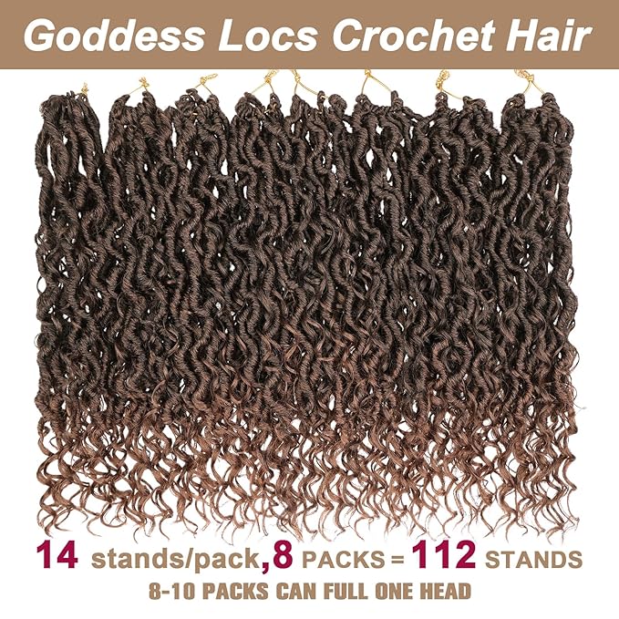 COOKOO 8 Packs Boho Goddess Locs Crochet Hair for Women 14 Inch Goddess Faux Locs Crochet Hair Pre-curled River Locs Hair for Women Pre Looped Bohemian Locs Hair Extensions T30