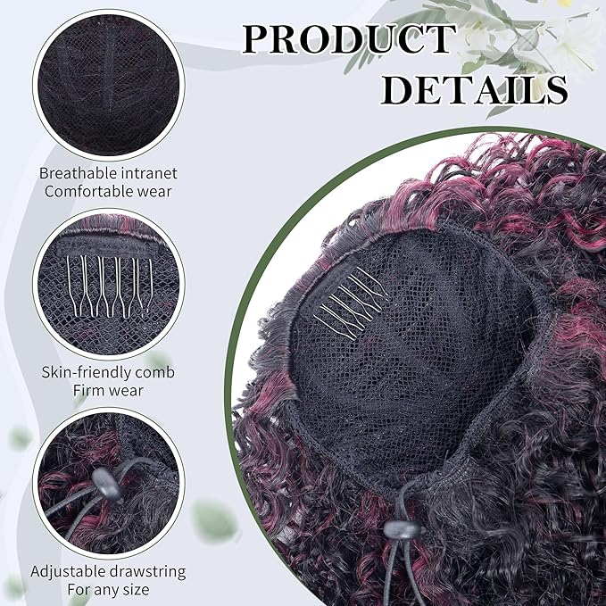 27 Inch Drawstring Ponytail Extension for Black Women Deep Curly Ponytail Extension Synthetic Mixed with Human Hair Hairpieces Afro Kinky Curly Pony Tail for Daily Use (Burgundy Highlight)