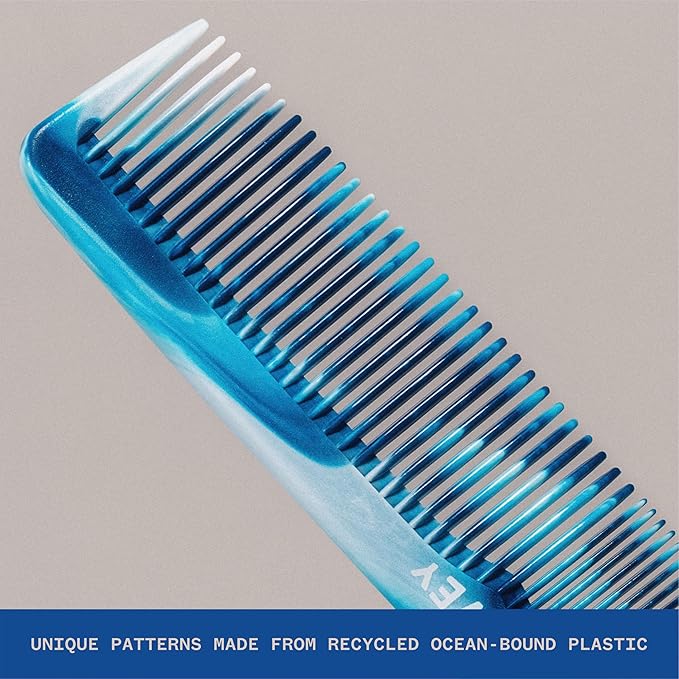 WAVEY Quality Hair Comb for Men and Women, Recycled Ocean Plastic, 7 Inches length perfect for home and travel, Wide and Fine Tooth for thick, thin, wavy, straight and curly hair styling - BLUE