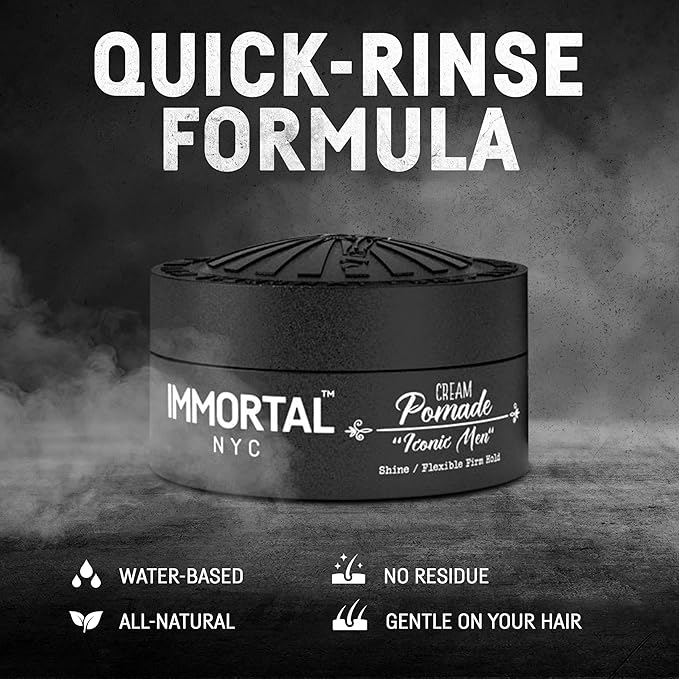 Immortal NYC Iconic Men Cream Pomade - Flex Medium/Stong Hold - Low Shine All Natural Water-Based Hair Cream Pomade for Men - No Residue, All Hair Types