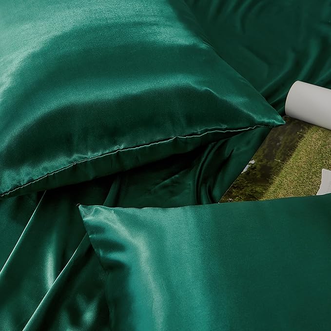 King Size Satin Pillowcase Set of 2 with Envelope Closure,Blackish Green Silk Pillowcase for Hair and Skin (20x36)