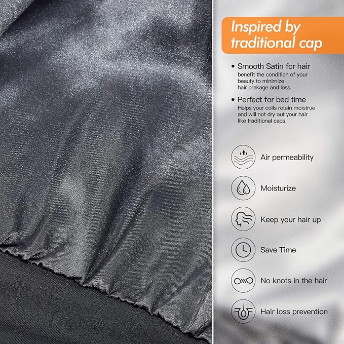 Silk Satin Lined Bonnet Sleep Cap - Adjustable Stay on All Night Hair Wrap Cover Slouchy Beanie for Curly Hair Protection for Women and Men - Black & Dark Grey