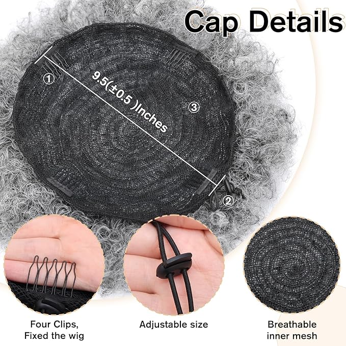 AISI QUEENS Afro Puff Drawstring Ponytail Extension for Black Women, Ombre Gray Faux Buns Short Kinky Curly Hair Ponytail Hair Extension Updo Wrap Fiber Wig(Tgray#)