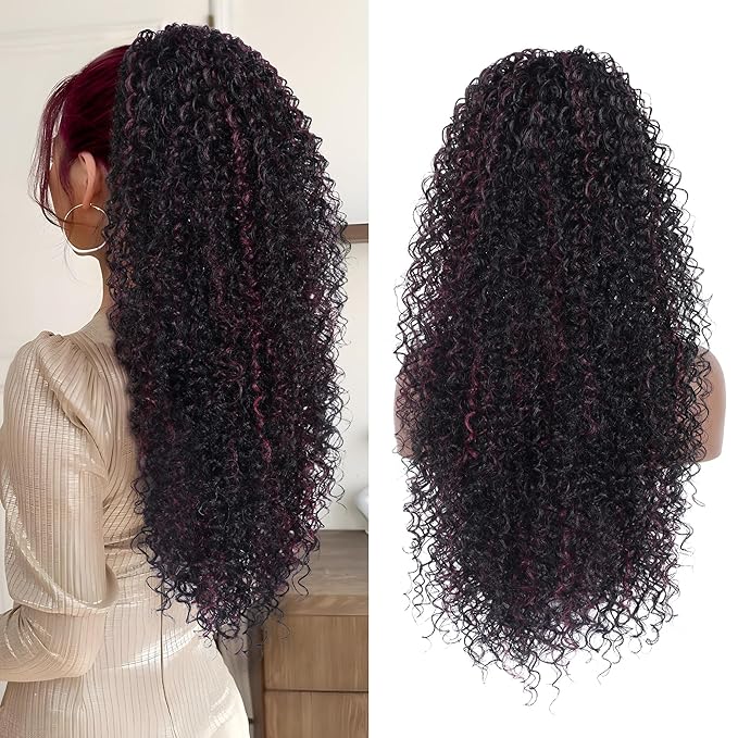 27 Inch Drawstring Ponytail Extension for Black Women Deep Curly Ponytail Extension Synthetic Mixed with Human Hair Hairpieces Afro Kinky Curly Pony Tail for Daily Use (Burgundy Highlight)