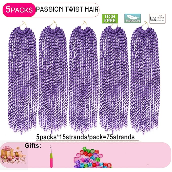 Purple Passion Twist Hair 24 Inch 5 Packs Passion Twist Braiding Hair Water Wave Crochet Hair For Women Passion Twist Crochet Hair/Butterfly Locs/Spring Twist Crochet Braids Hair(24in,Purple)