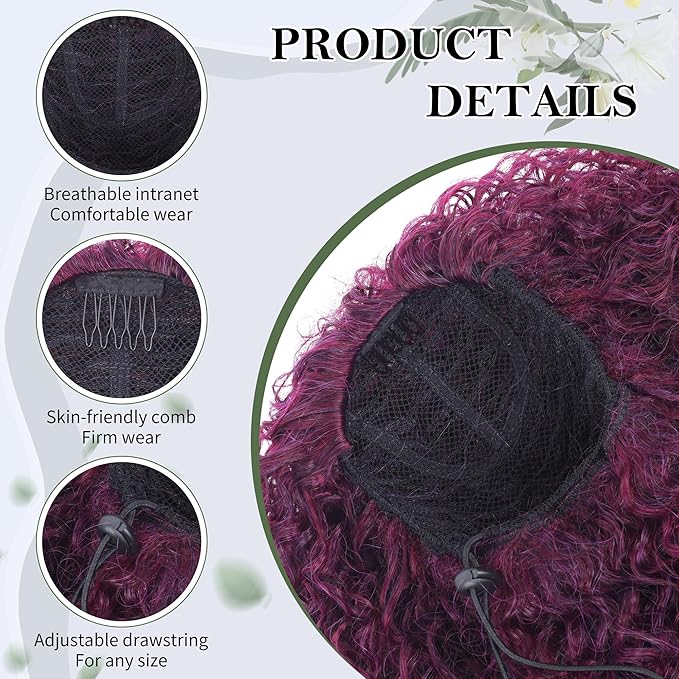 27 Inch Drawstring Ponytail Extension for Black Women Deep Curly Ponytail Extension Synthetic Mixed with Human Hair Hairpieces Afro Kinky Curly Pony Tail for Daily Use (Rose Purple)