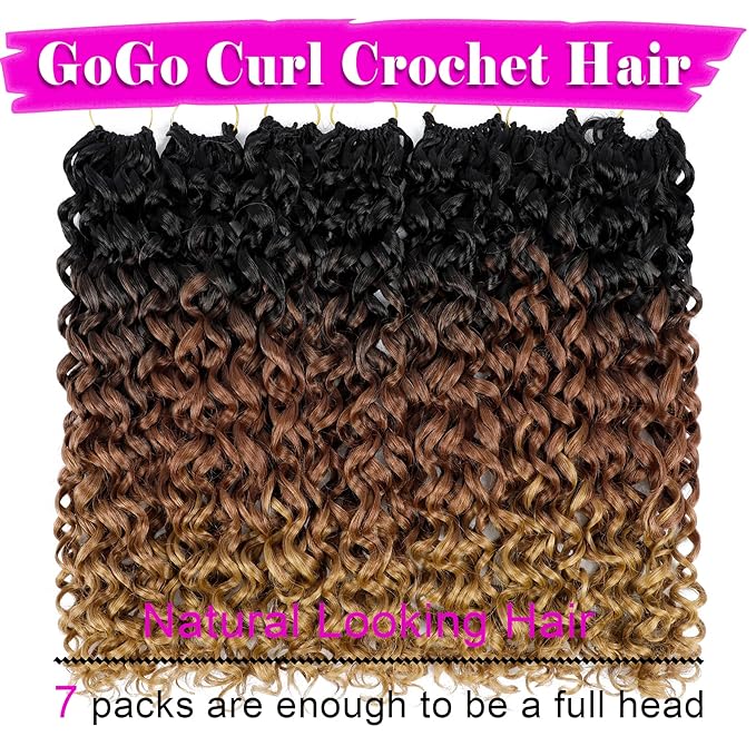 7 Packs GoGo Curl Crochet Hair 18 Inch Long Curly Crochet Hair for Women Beach Curl Water Wave Deep Twist Crochet Braids Synthetic Braiding Hair Extensions (18 Inch, T1B/30/27)