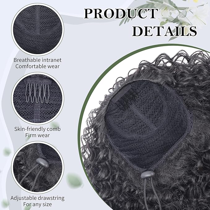 20 Inch Drawstring Ponytail Extension for Black Women Deep Curly Ponytail Extension Synthetic Mixed with Human Hair Hairpieces Afro Kinky Curly Pony Tail for Daily Use (Black)