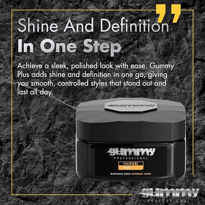 Gummy Professional Plus Hair Gel for Men and Women – Strong Hold Styling Gel for Slick Back Looks, Curls, Braids, Twists, and Edge Control – Clear Gel for Shine, Neat Styles, and Conditioning – 220 ml