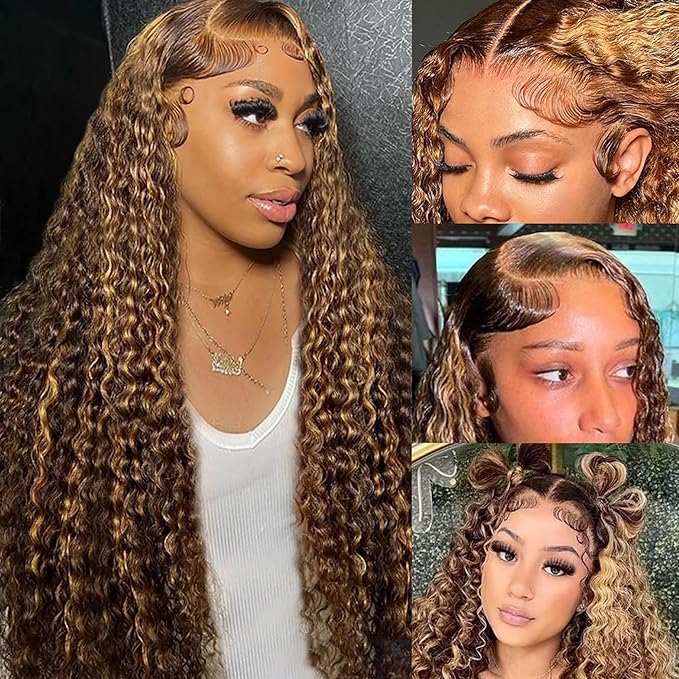 13x6 Highlight Lace Front Wig Human Hair 4/27 Ombre Deep Wave Lace Front Wigs Pre Plucked with Baby Hair 210% Density Highlight Curly Glueless Wigs 34 Inch