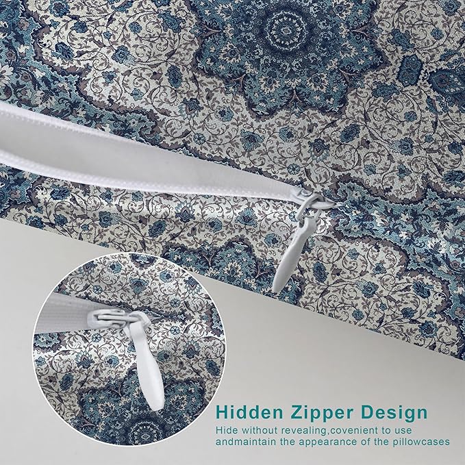 Satin Pillowcase Boho Blue Ethnic Carpet Similar to Silk Pillow Cases for Hair and Skin, 1 Pack Soft Smooth Breathable Cool Pillow Cases, with Hidden Zipper, Standard Size 20" x 26"