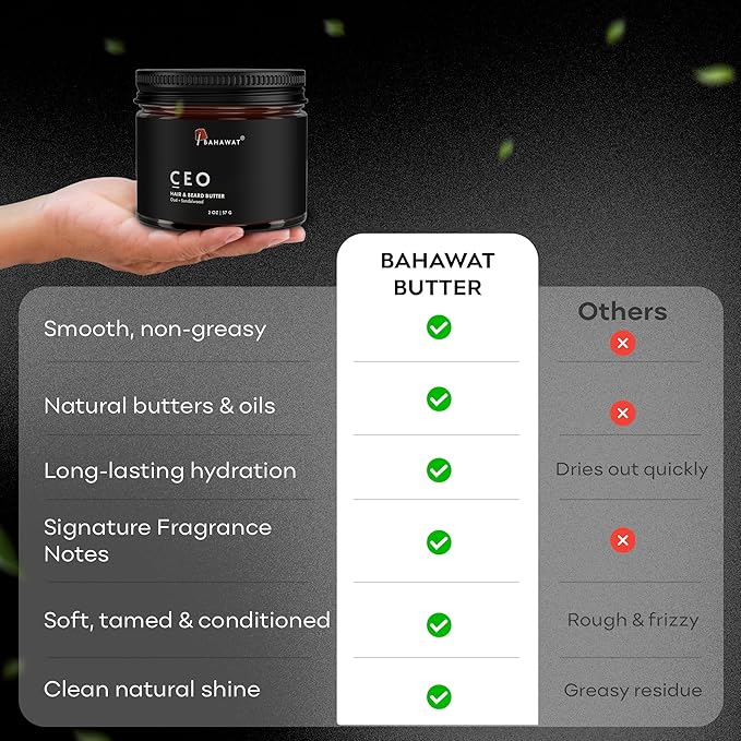 BAHAWAT Hair & Beard Butter for Men Leave-in Conditioner - Oud & Sandalwood scent - Strengthen & Soften– Made in USA -Organic Natural Ingredients | The Best Beard Butter - 2 oz.