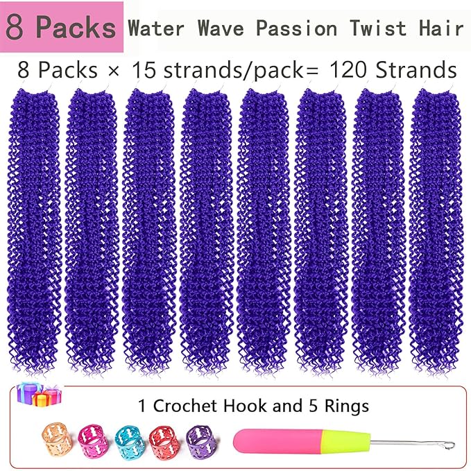 Passion Twist Hair 24 Inch 8 Packs Passion Twist Crochet Hair Water Wave Braiding Hair Long Spring Twist Hair Crochet Braids Synthetic Hair Extension (24 Inch (Pack of 8), Purple)