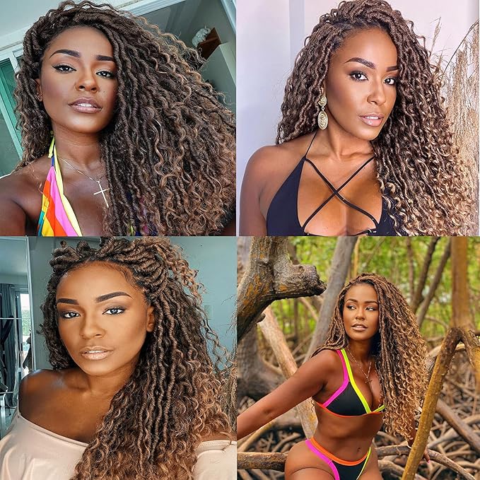 Goddess Locs Crochet Hair 18Inch Faux Locs With Curly Ends Synthetic Crochet Hair Pre Looped Boho Faux locs Bohemian Crochet Braids 4Packs(1B/27, 18inch)