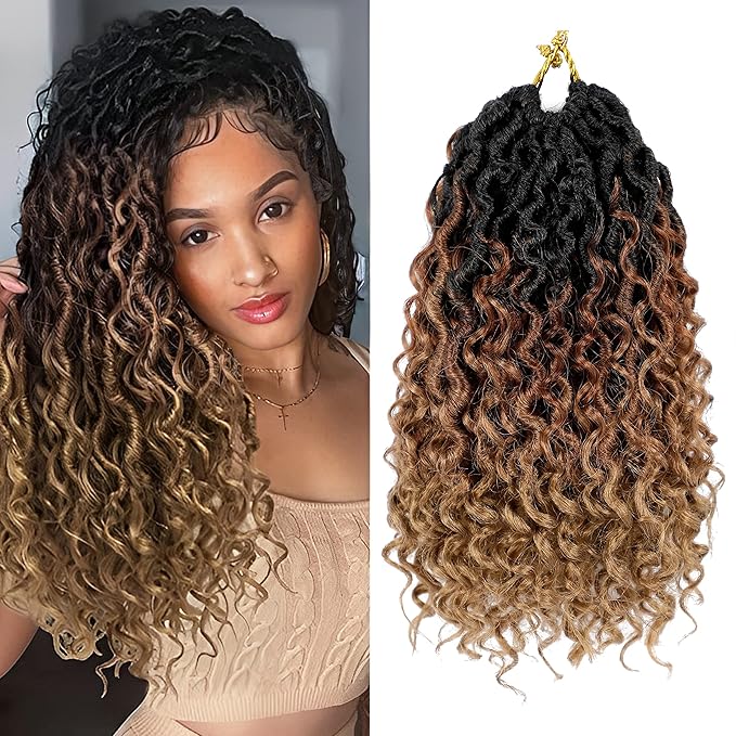 Faux Locs Crochet Hair 10 Inch Ombre Goddess Locs Curly Pre Looped Crochet Braids with Curly Ends Boho Hippie Synthetic Hair Extensions (6 packs, #1b/30/27)