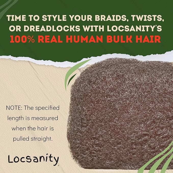 Locsanity Afro Kinky 100% Bulk Natural Human Hair - Braiding Hair for Dreadlocks, Loc Repair, Dreadlock Extensions, Twists, Braids - 8 Inches Long, 1 Oz