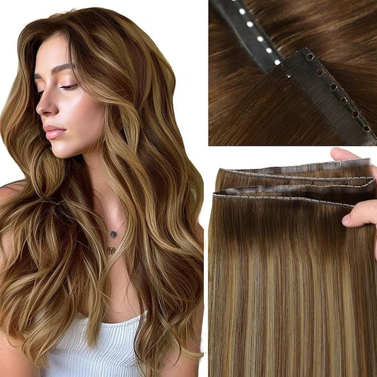 LOXXY OVO Hair Extensions Real Human Hair - 14 Inch 100g Seamless Balayage Chocolate Brown to Caramel Blonde - Bead in Butterfly Weft for White Women, Weft Width 31.5"(80cm)
