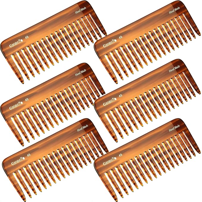 Giorgio G49 Large 5.75 Inch Hair Detangling Comb, Wide Teeth for Thick Curly Wavy Hair. Long Hairs Detangler Comb For Wet and Dry. Handmade of Cellulose, Saw-Cut, Hand Polished, Tortoise Shell 6 Pack
