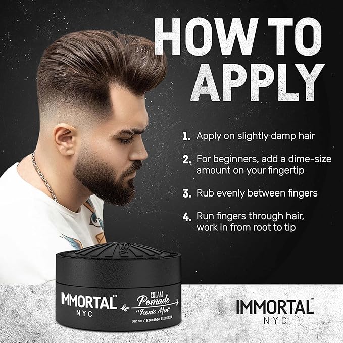 Immortal NYC Iconic Men Cream Pomade - Flex Medium/Stong Hold - Low Shine All Natural Water-Based Hair Cream Pomade for Men - No Residue, All Hair Types